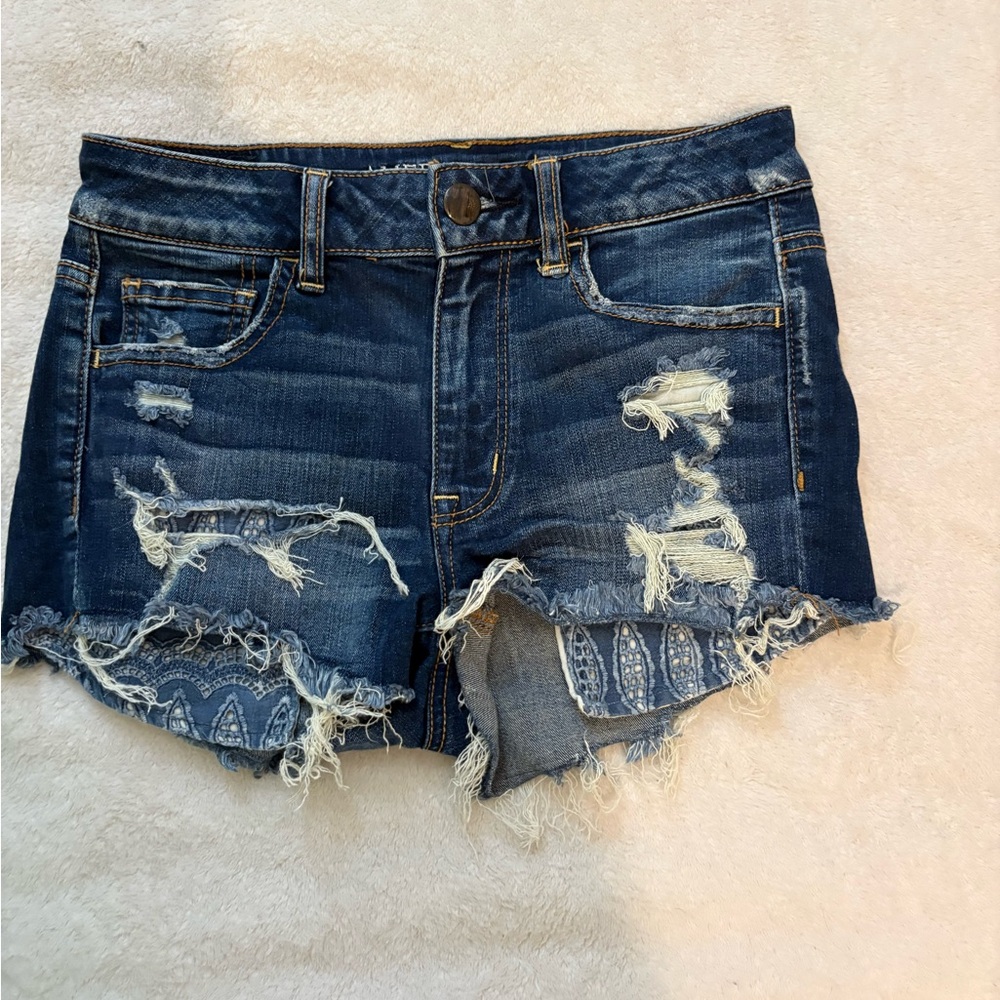 American Eagle Outfitters Dark Blue Distressed Jean Shorts